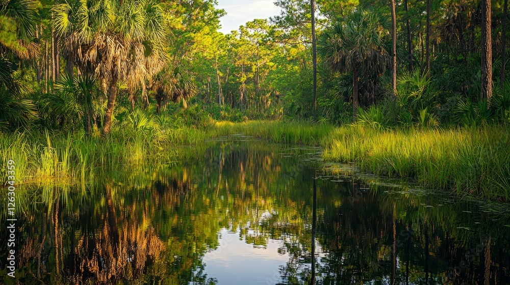 Tranquil Tropical Wetland Scene with Lush Greenery and Reflections Tranquil Tropical Wetland Scene with Lush Greenery and Reflections