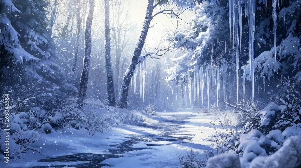Naklejka premium Serene Winter Forest Landscape with Snow and Icicles at Dawn