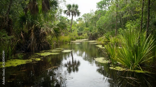 Serene Waterway in Lush Green Wetlands Surrounded by Nature
