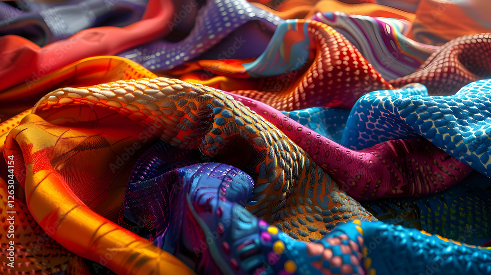 Naklejka premium Vibrant and colorful fabric textures draped artistically, showcasing intricate patterns and hues
