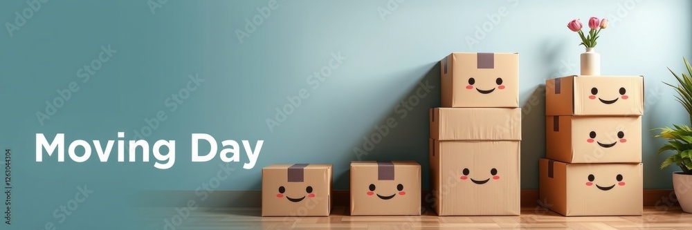 Obraz premium Cute stacked boxes for Moving Day service against wall, vibrant colors