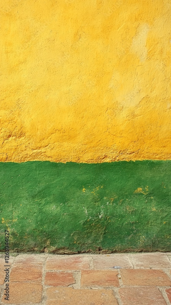 Yellow and green wall, brick floor, old building, textured background, design element Yellow and green wall, brick floor, old building, textured background, design element