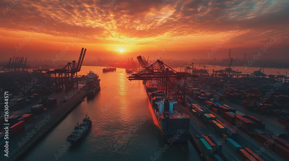 Fototapeta premium Container truck in ship port for business Logistics and transportation of Container Cargo ship and Cargo plane with working crane bridge in shipyard at sunrise, logistic import export and transport