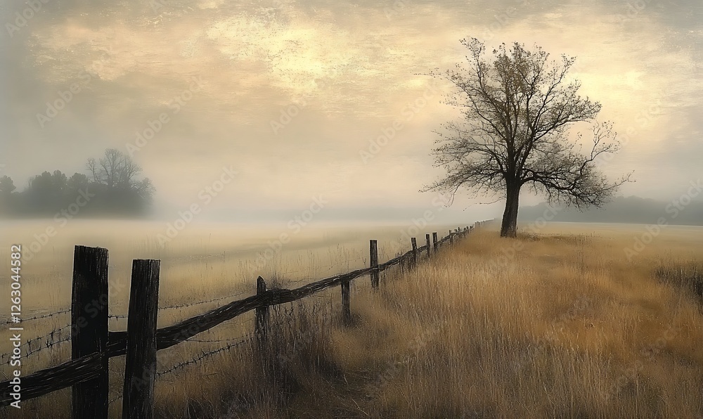 A serene landscape at dawn with a solitary tree and a rustic fence in a misty field. Silhouette of bare tree on field against sky during sunset
A serene landscape at dawn with a solitary tree and a rustic fence in a misty field. Silhouette of bare tree on field against sky during sunset