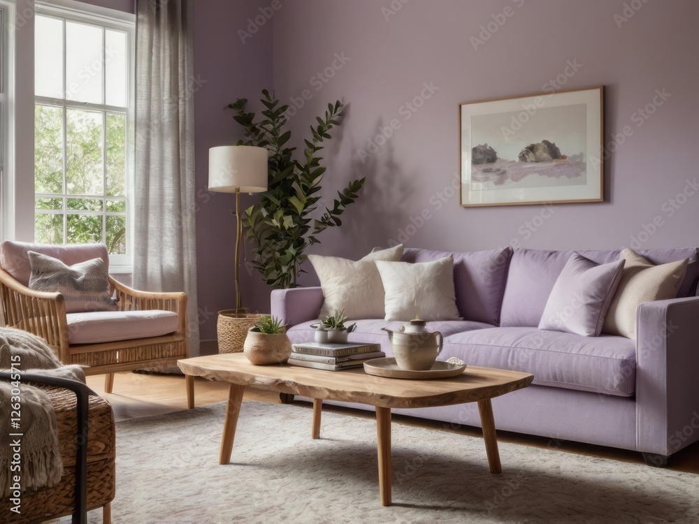 Fototapeta premium Lavender Living Room With Natural Wood Accents