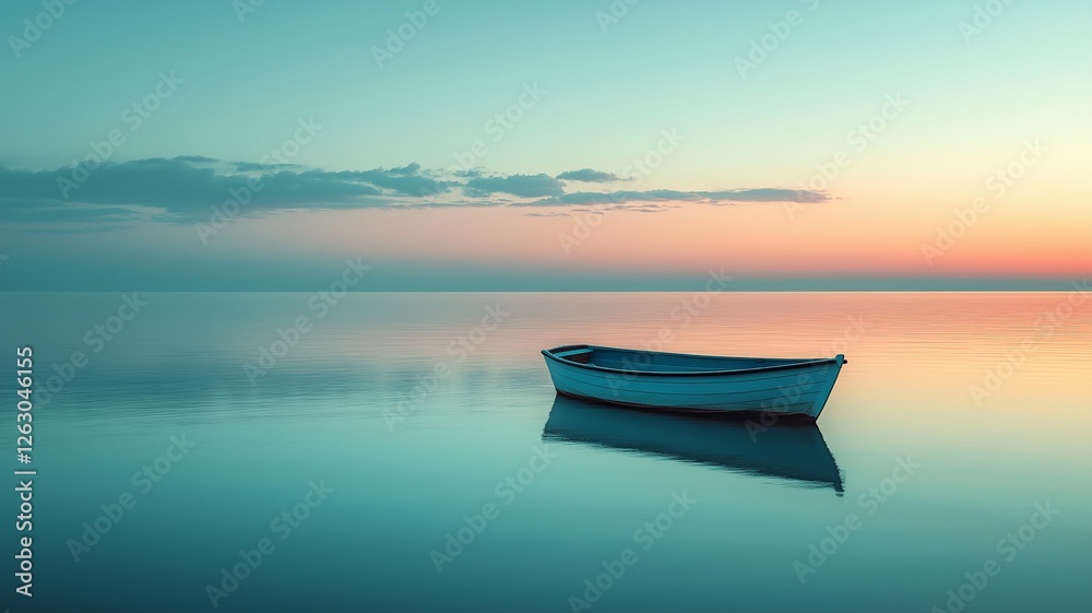 Naklejka premium A lone boat with a person floating contentedly on the ocean during the day is surrounded by calm waters and tranquil skies.