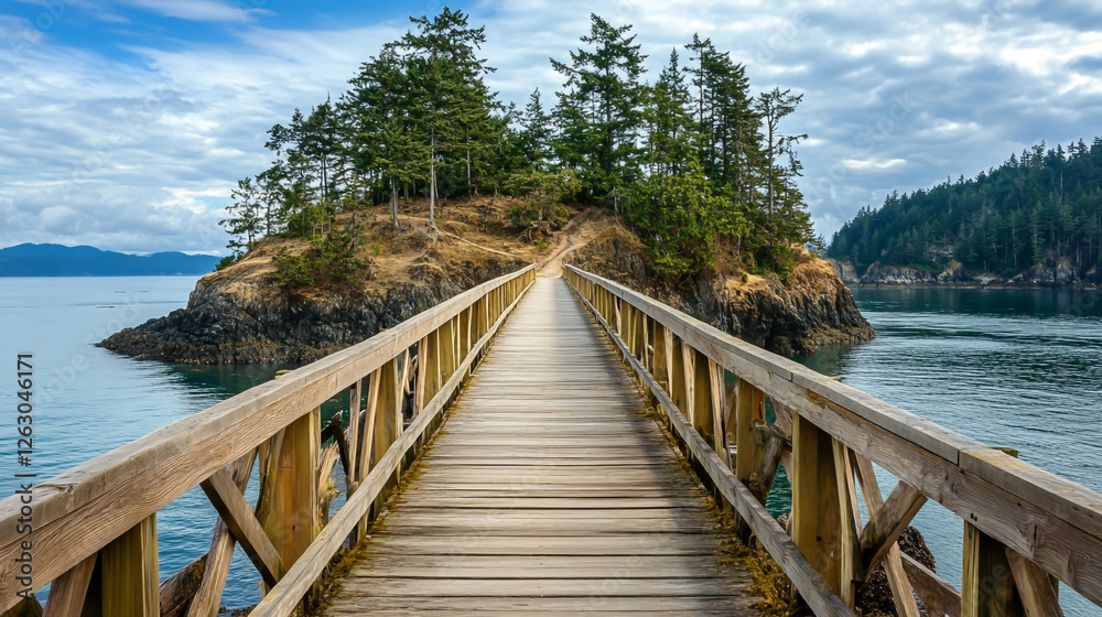 Fototapeta premium Scenic wooden walkway stretching toward a small, tree-covered island, isolated and serene