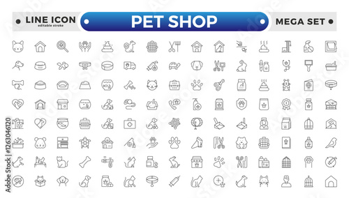 Set of pet shop icons, dog, cat, puppy, animals. Pet, vet, pet shop, types of pets - minimal thin line web icon set. Editable stroke outline icon.