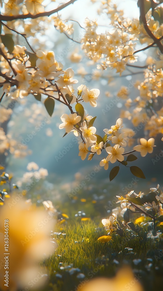 Spring is here, flowers are blooming on the branches Spring is here, flowers are blooming on the branches