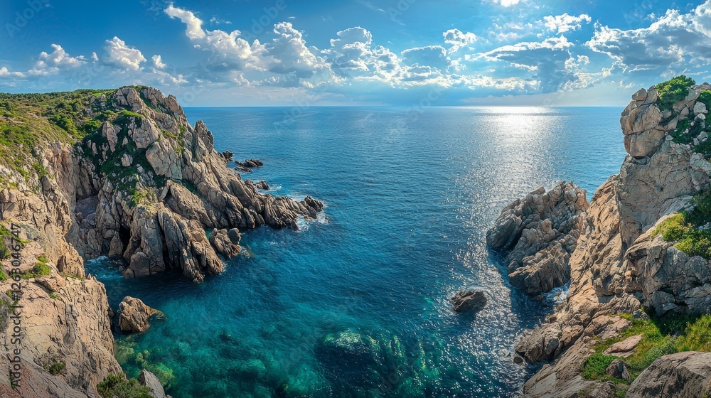 Fototapeta premium Serene Coastal Landscape with Rocky Shores and Calm Ocean Waters