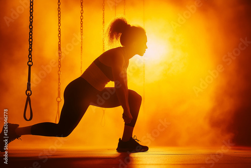 woman in athletic wear is lunging in dramatic, smoky environment. warm glow of background enhances her silhouette, creating powerful and inspiring atmosphere photo