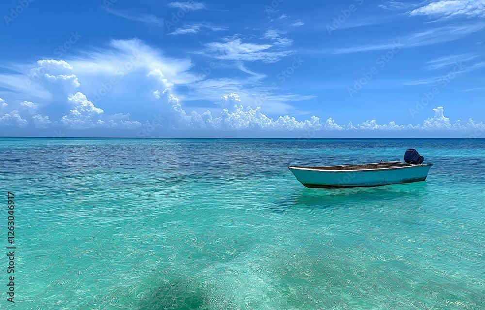 Naklejka premium A lone boat with a person floating contentedly on the ocean during the day is surrounded by calm waters and tranquil skies.