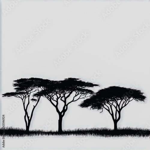 Silhouettes of African Acacia trees on a clean white background, emphasizing natural elegance