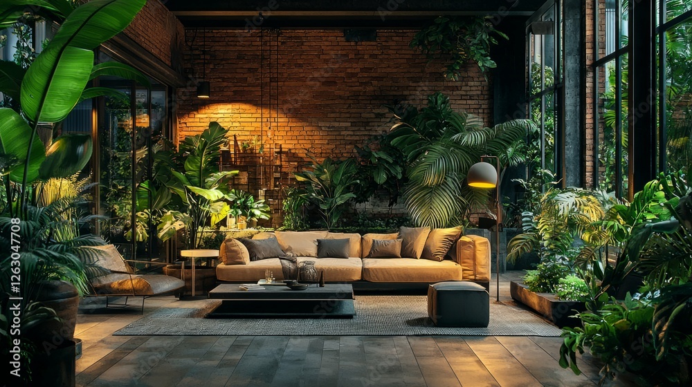 Obraz premium Cozy Living Room Surrounded by Lush Indoor Plants and Natural Light