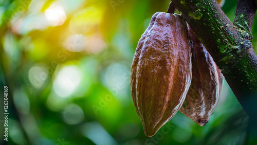 Rama de planta de cacao fondo desenfocado de selva