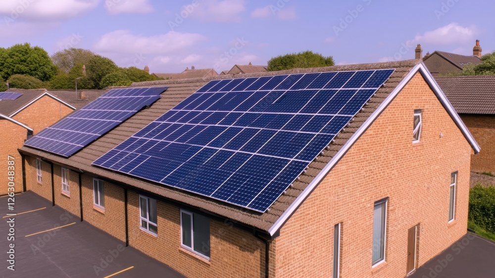 A modern building features a roof covered in solar panels, harnessing renewable energy under a clear blue sky. A modern building features a roof covered in solar panels, harnessing renewable energy under a clear blue sky.
