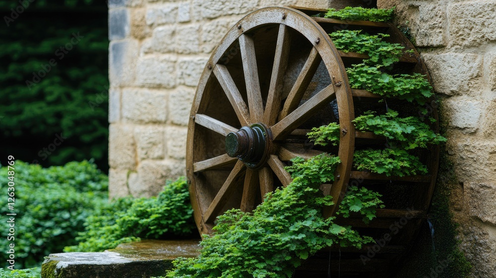 Moss-covered water wheel stands beside a table set for beer amid lush greenery in the French countryside Moss-covered water wheel stands beside a table set for beer amid lush greenery in the French countryside