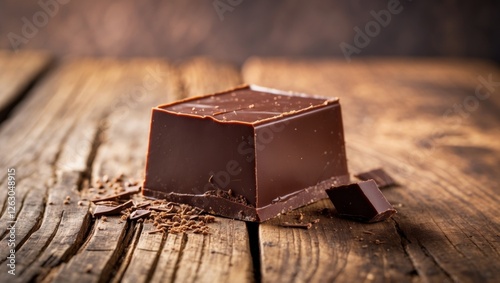 A tantalizing cube of dark chocolate sits proudly on a rustic wooden table a delicious homage to the delightful celebration of Chocolate Day. photo