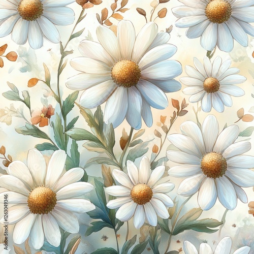 Watercolor Floral Pattern with Daisies and Pastel Leaves Hand Drawn on White Background