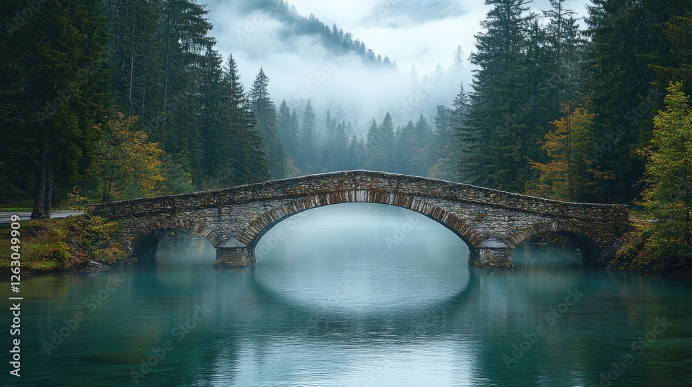 Fototapeta premium Stone Arch Bridge Over Misty Mountain Lake