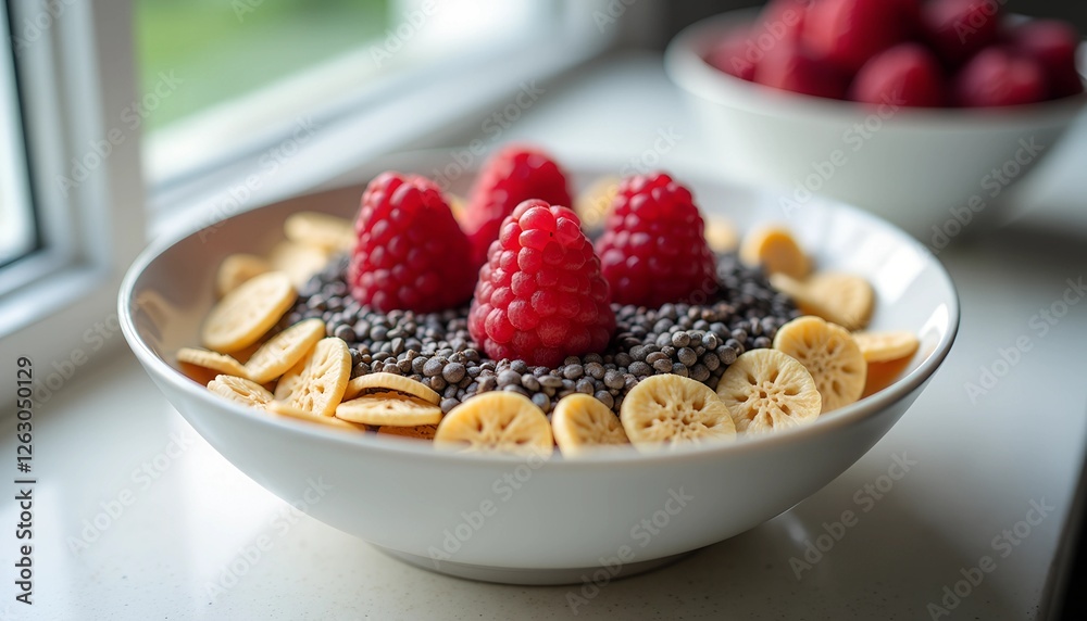 Delicious bowl of chia seeds topped with raspberries and banana slices on a sunny windowsill Delicious bowl of chia seeds topped with raspberries and banana slices on a sunny windowsill