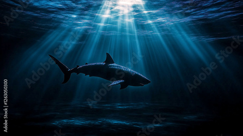 Wallpaper Mural Shark in Sunrays - a big shark is swimming just under the surface of the water Torontodigital.ca