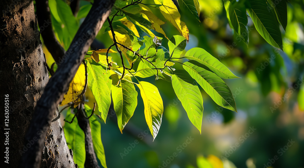 Fototapeta premium Vibrant green leaves illuminated by sunlight on a tree branch – ideal for ecology, growth, and natural backgrounds