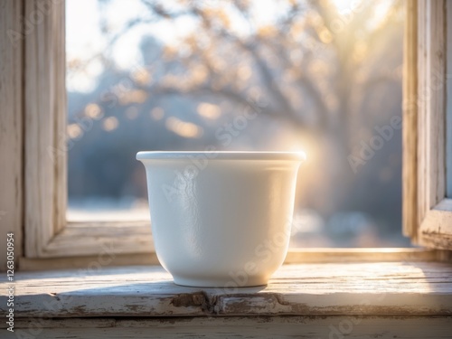 A plain white ceramic flowerpot, sitting on a wooden windowsill with soft daylight streaming in photo