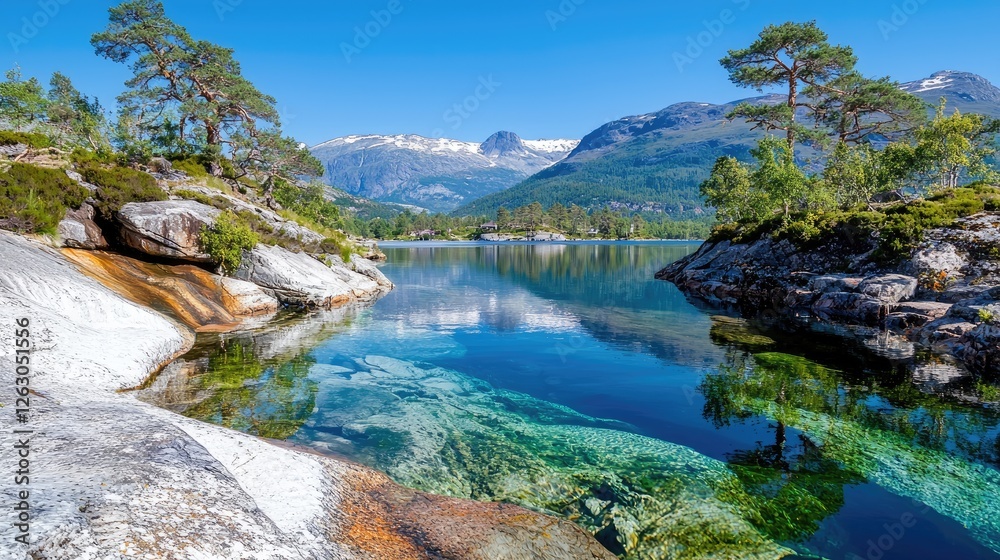 Fototapeta premium Crystal-clear lake reflects mountains, Norway. Peaceful travel landscape
