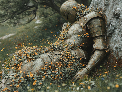  an old, rusted knight's armor partially buried in the ground, covered in wildflowers and foliage. The armor is leaning against a rocky cliff, surrounded by a natural landscape. photo