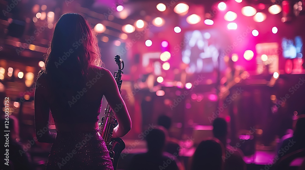 Live Music Performance: A captivating view from behind a female musician as she performs on stage in a vibrant, dimly lit nightclub, the crowd enjoying the energetic atmosphere. 