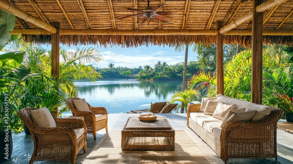 Fototapeta premium Tranquil Tropical Retreat with Waterfront View and Cozy Seating Area
