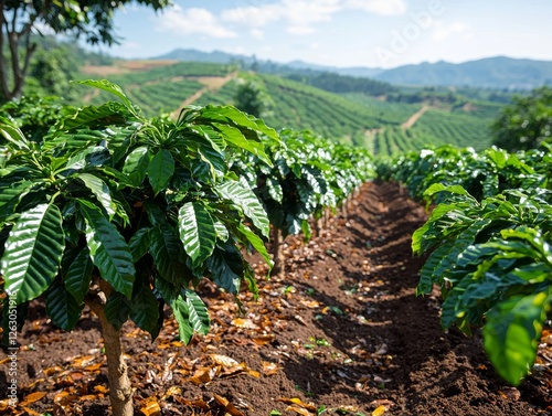 Lush Green Coffee Plantation Rows Serene Mountains Nature Photography Vibrant Environment Close-up View Coffee Cultivation Concept photo