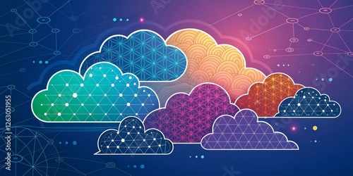 Colorful Cloud Network Geometric Pattern, Connected System, Digital Art, Cloud Computing, Network Design Cloud Computing, Network Security