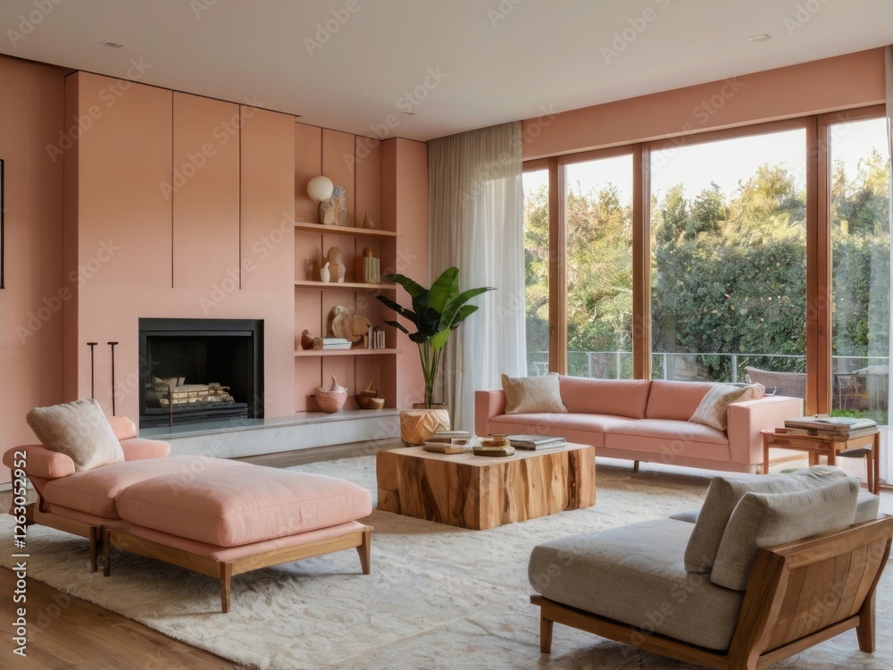 Fototapeta premium Modern Living Room Design With Pink Sofa And Chaise Lounge