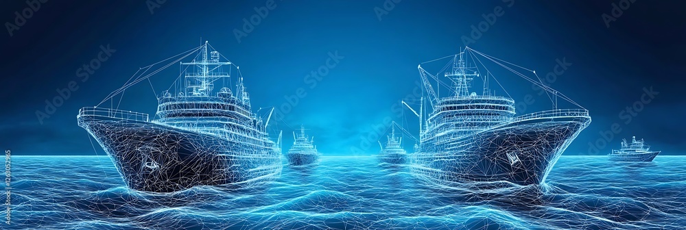 Fototapeta premium Wireframe illustration of maritime vessels on a digital ocean background. symbolizing advanced maritime technology