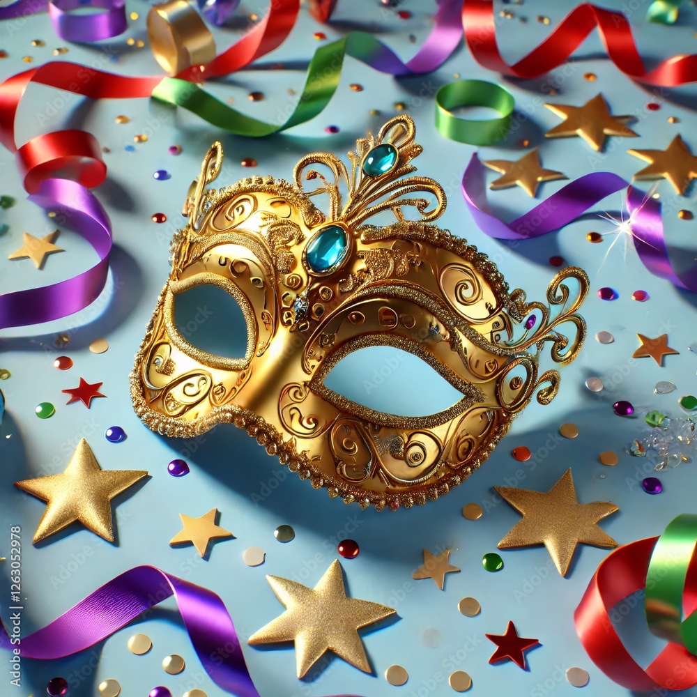 Golden Carnival Mask with Gemstones and Colorful Party Ribbons on a Festive Table Golden Carnival Mask with Gemstones and Colorful Party Ribbons on a Festive Table