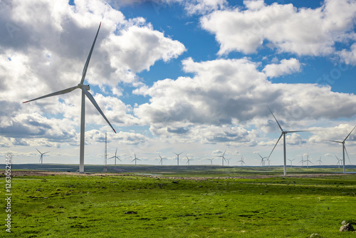wind turbines in a field against a background of blue sky with clouds, wind farm, Kola peninsula, power plant, windmill