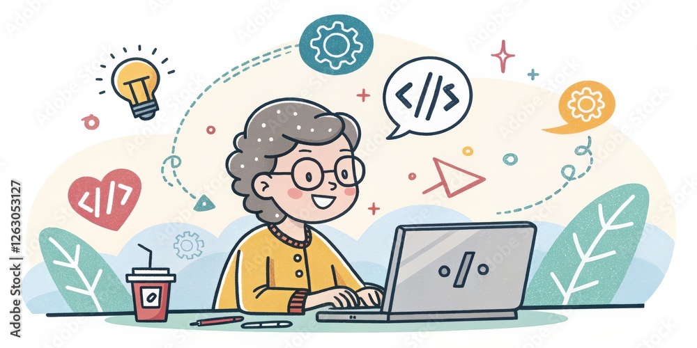 Happy Coder Grandma Illustration, Flat Design, Coding, Programming Coding, Grandmother Happy Coder Grandma Illustration, Flat Design, Coding, Programming Coding, Grandmother