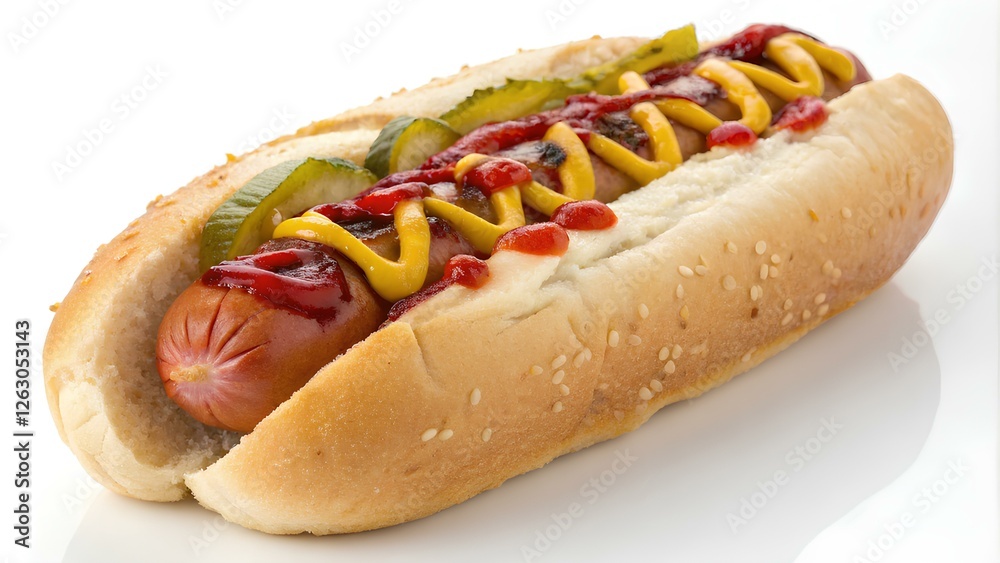 A gourmet hot dog featuring a juicy sausage topped with bright yellow mustard, rich ketchup, and crisp pickles nestled in a sesame seed bun ready to be enjoyed.