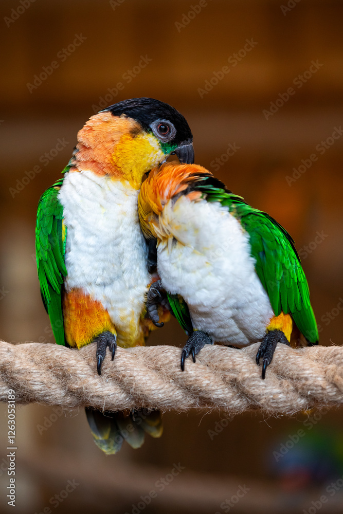 Two Black-headed Caiques parrots sitting together.