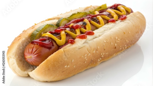 Obraz na płótnie A gourmet hot dog featuring a juicy sausage topped with bright yellow mustard, rich ketchup, and crisp pickles nestled in a sesame seed bun ready to be enjoyed. w salonie