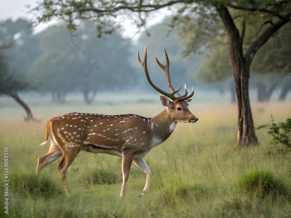 A spotted deer strolls gracefully across a lush green meadow in a wildlife sanctuary during the early morning hours. The environment exudes tranquility. A spotted deer strolls gracefully across a lush green meadow in a wildlife sanctuary during the early morning hours. The environment exudes tranquility.