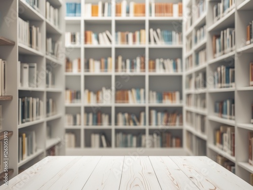 Wallpaper Mural Empty white wooden tabletop on blurred library bookshelves background Torontodigital.ca