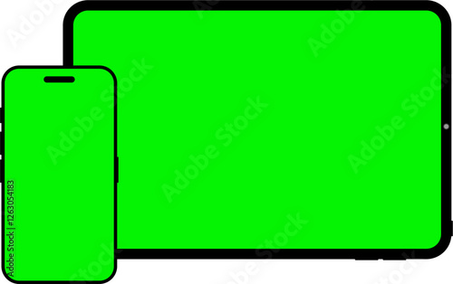 vector mobile phone and tablet with green screen. to insert video or advertising banner