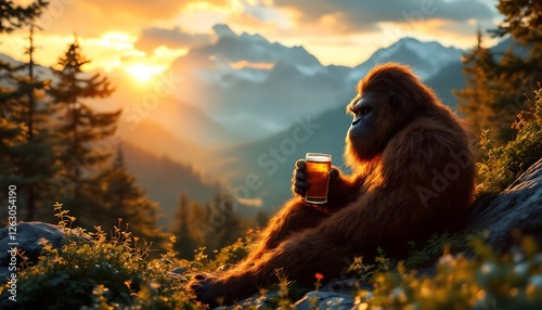 Bigfoot Enjoys Sunset Beer in Mountain Landscape