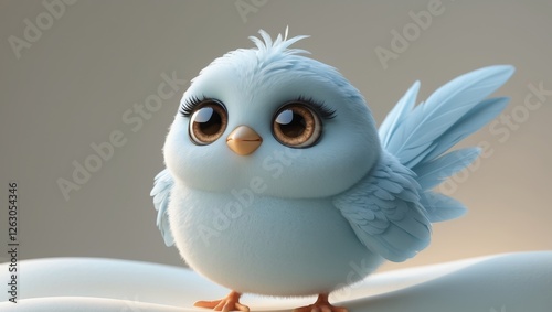 a cute fluffy bird with big eyes stands on a light surface.