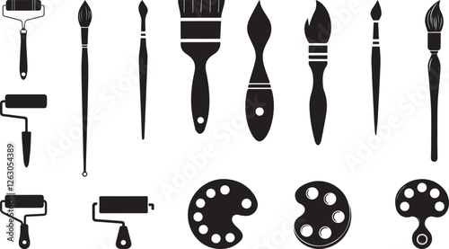 Black Silhouettes of Painting Tools and Art Supplies