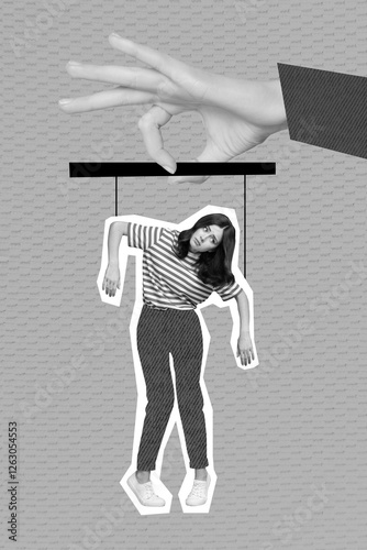 Photography Creative photo collage of young woman hanging silhouette authority manipulation