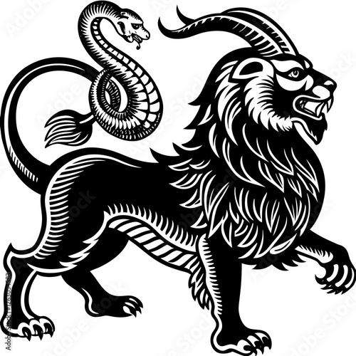 A Chimera’s Battle Stance on white background, sketch engraving illustration. Scratch board imitation. Black and white image.